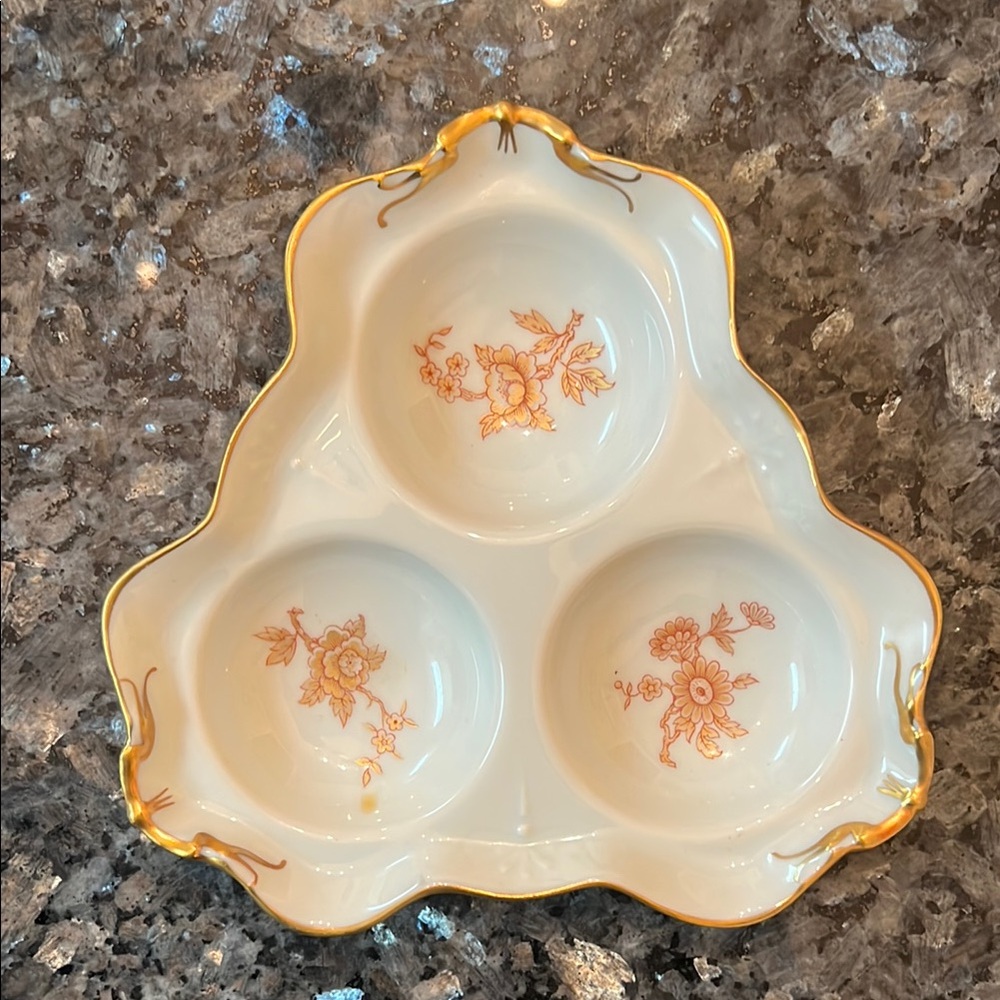 Limoges Gold and Cream Floral Tri-Section Dish